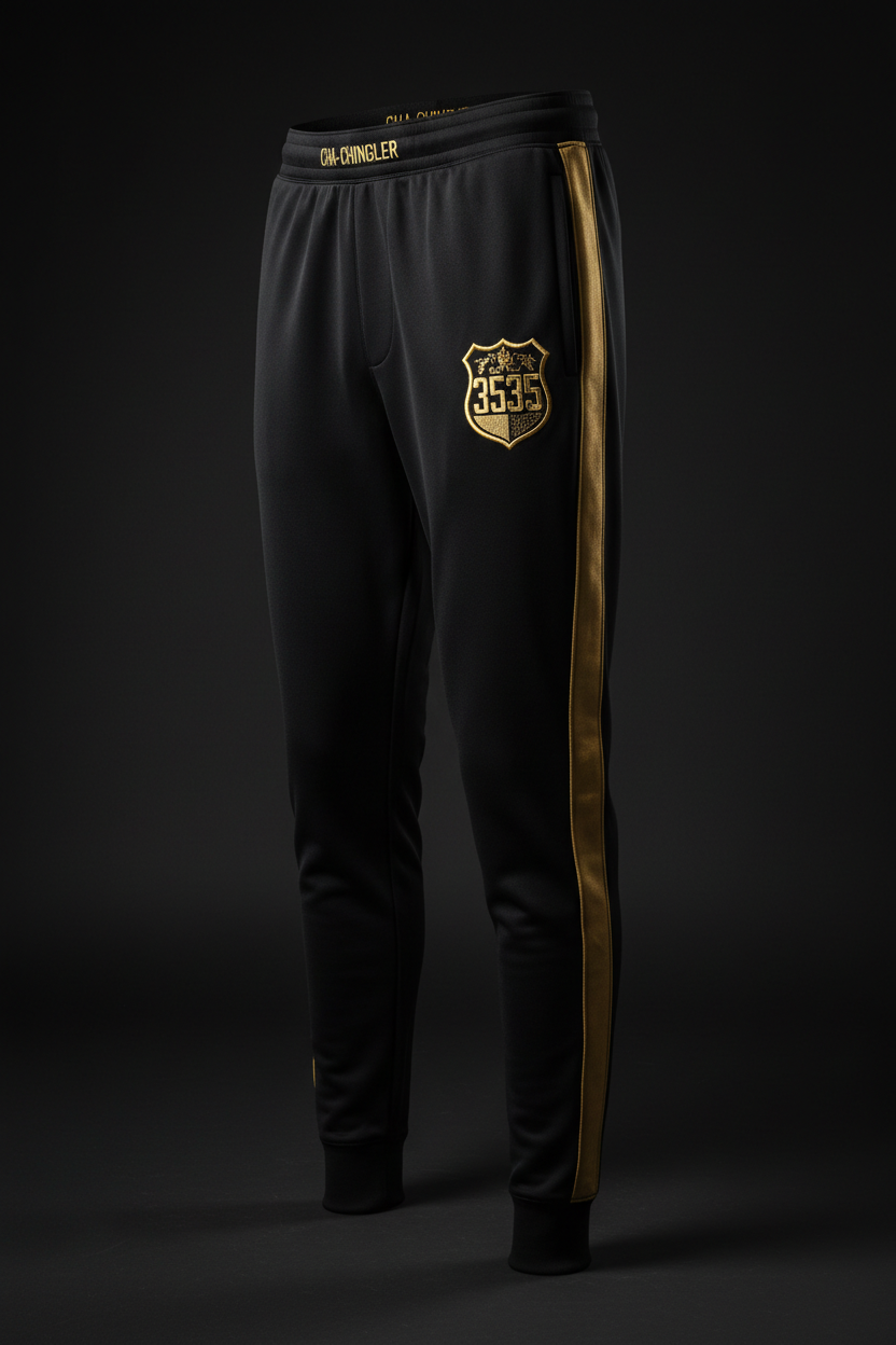 Cha-Chingler Performance Joggers – black with gold side stripe and 3535 crest hip embroidery