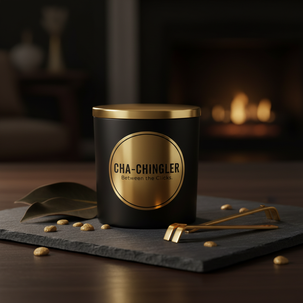 Cha-Chingler Between the Clicks Candle – matte black glass vessel with gold CHA-CHINGLER label and gold lid
