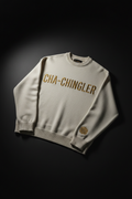 Cha-Chingler Crewneck Sweater – cream heavyweight knit with gold CHA-CHINGLER chest embroidery and 3535 crest cuff