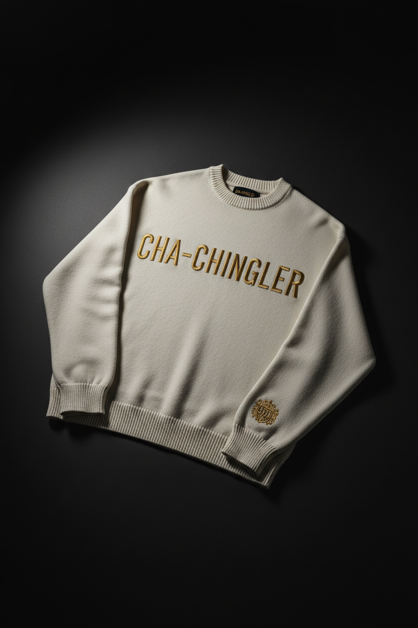 Cha-Chingler Crewneck Sweater – cream heavyweight knit with gold CHA-CHINGLER chest embroidery and 3535 crest cuff