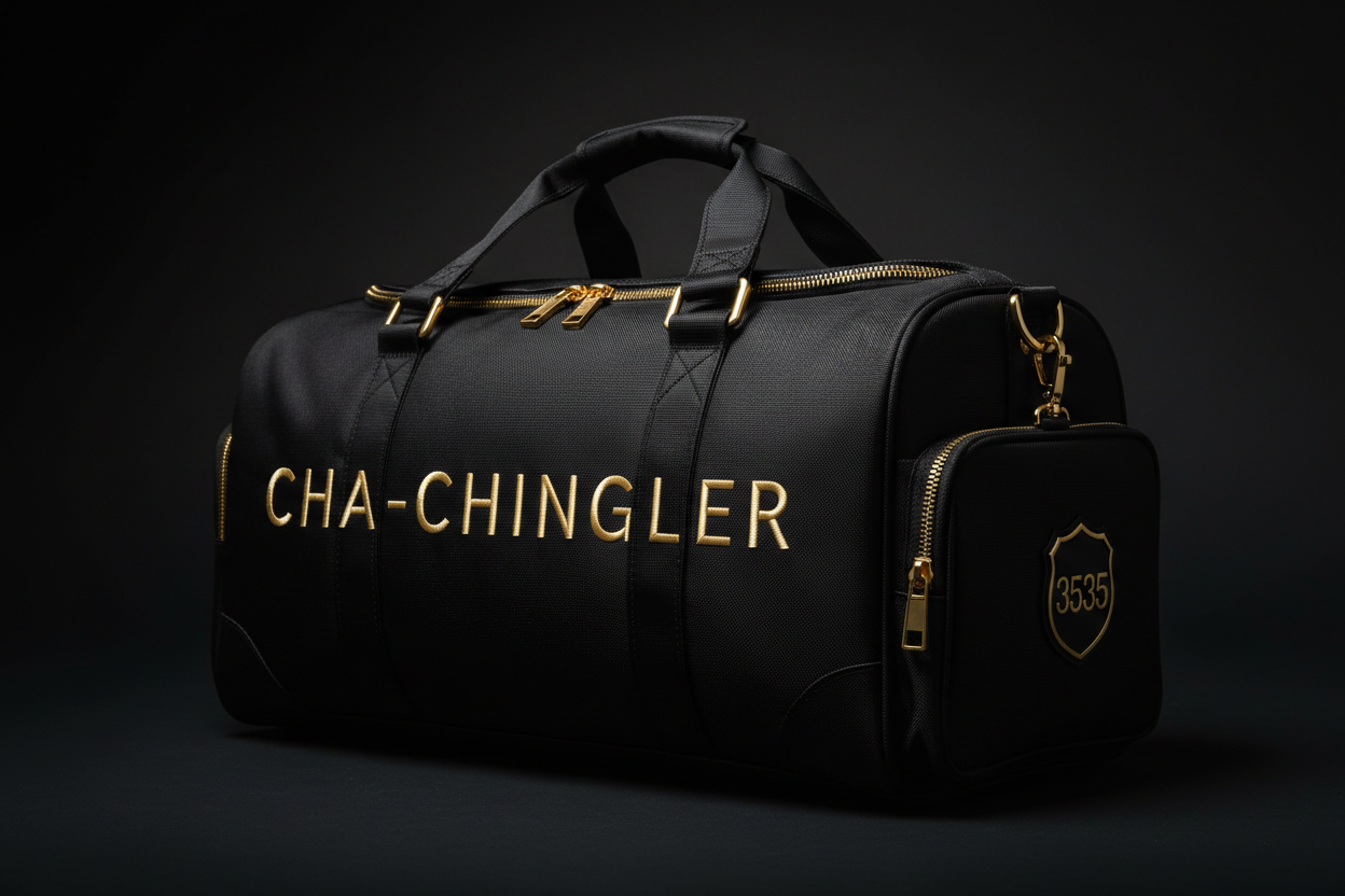 Cha-Chingler Gym Bag – all black matte with gold hardware and CHA-CHINGLER front embroidery