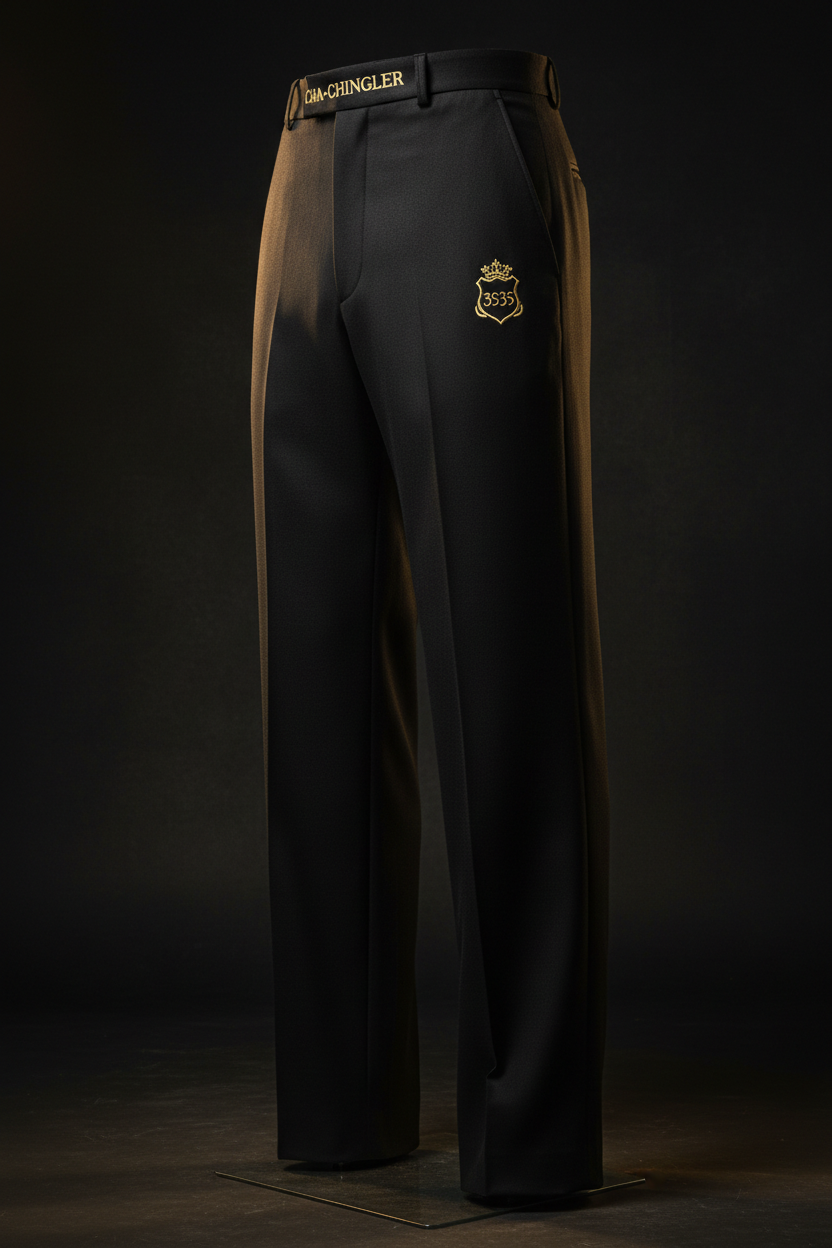 Cha-Chingler Wide-Leg Pants – black tailored wide-leg trousers with 3535 crest hip embroidery