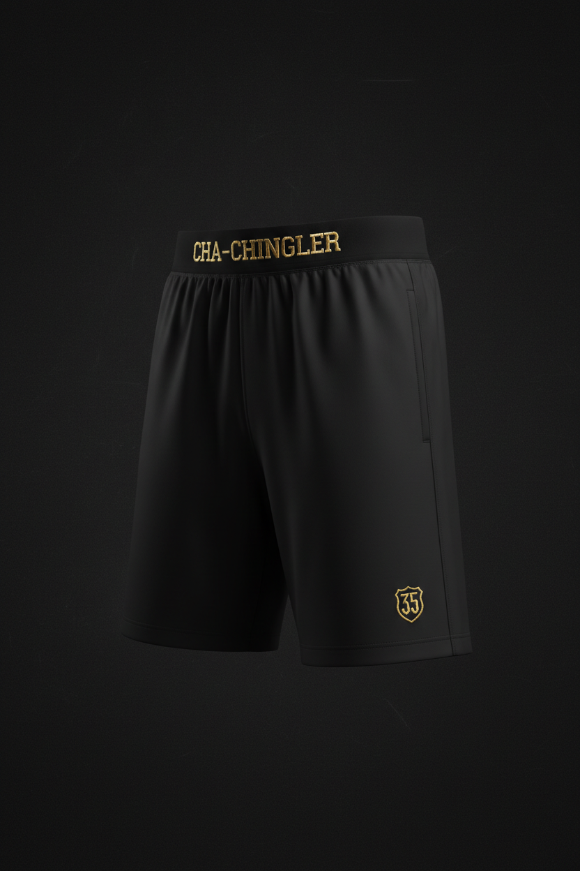 Cha-Chingler Training Shorts – all black with gold waistband embroidery and 3535 crest hem detail