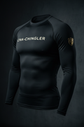 Cha-Chingler Compression Long Sleeve – black with cream CHA-CHINGLER chest wordmark and gold 3535 crest sleeve
