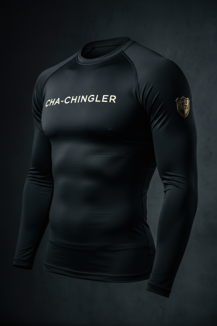 Cha-Chingler Compression Long Sleeve – black with cream CHA-CHINGLER chest wordmark and gold 3535 crest sleeve