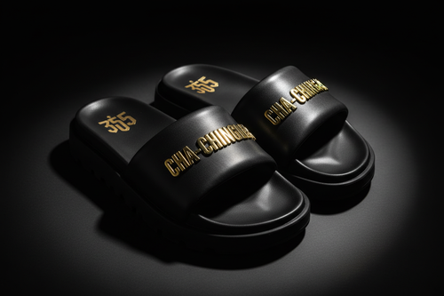 Cha-Chingler 3535 Slides – all black with gold embossed CHA-CHINGLER strap