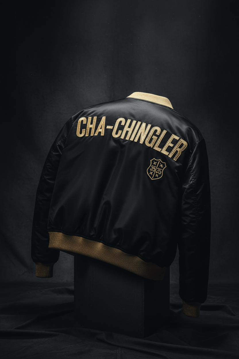 Cha-Chingler Bomber Jacket – black satin with gold ribbing and CHA-CHINGLER back embroidery