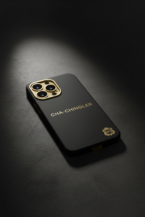 Cha-Chingler 3535 Phone Case – matte black with gold CHA-CHINGLER wordmark and 3535 crest corner detail