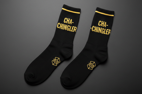 Cha-Chingler 3535 Crew Socks – black with gold CHA-CHINGLER calf text and 3535 ankle crest